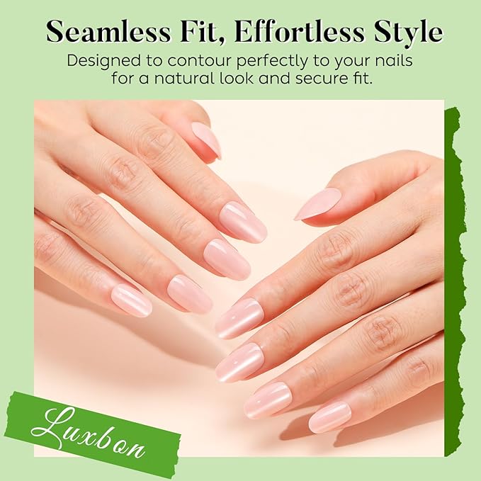 Luxbon Rounded Press On Acrylic Nails with No-Cure Nail Glue and Tool Kit – Short Glue On Nails Cat Eye Soft Gel Tips 25-30pcs Full Size Set, Reusable Fake Nails for Women, Salon Look at Home, Pink