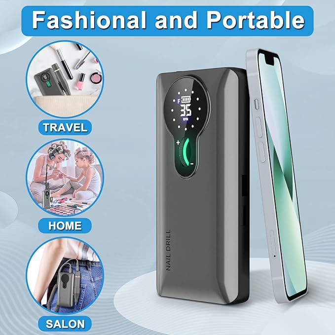 ENGERWALL Upgraded Professional Nail Drill 35000RPM, 20H Long Battery Life Rechargeable Electric Nail File for Acrylic Gel Nails, Cordless E-File Kit with 7 Bits & 56 Sanding Bands, Dark Silver (Pro)