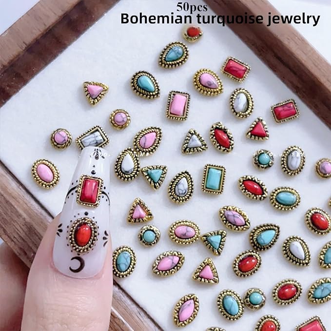 50 PCS Metal Turquoise Nail Charms - Western Cowboy Nail Art Decorations, 3D Nail Gems for DIY Manicure, Mixed Shapes Nail Accessories for Gel Acrylic Nails (B)