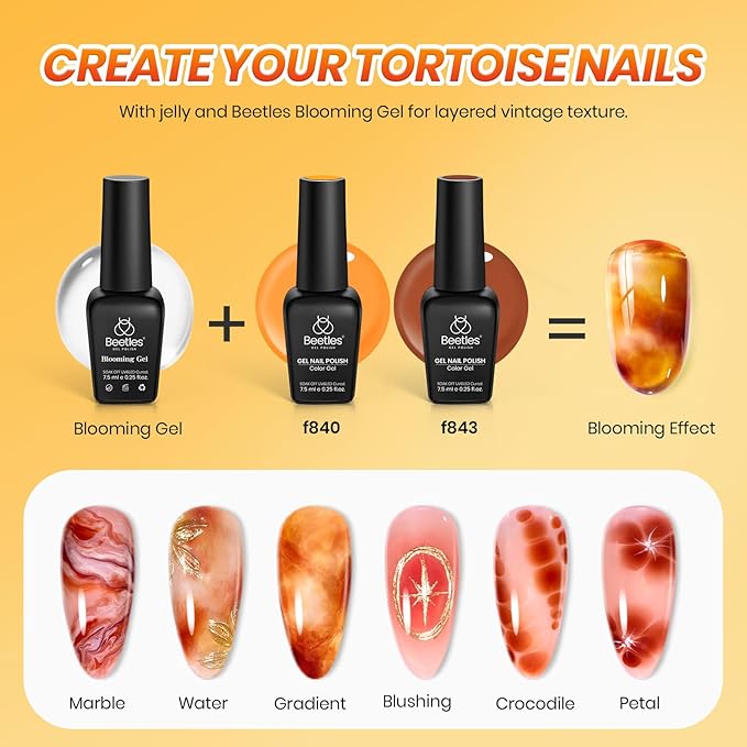 Beetles Gel Nail Polish Set – Amber Chic Jelly Gel Polish with Blooming Gel for Marble Effects, 6 Colors Yellow Red Brown Gray Translucent Soak Off UV LED Autumn Nail Art