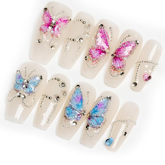 Sun&Beam Nails Handmade Nail Tips Medium Long Ballerina Coffin Fake Nails White Pearl Colorful Butterfly Popular Stylish Cute Fake Nails 10 Pcs (#90 S)
