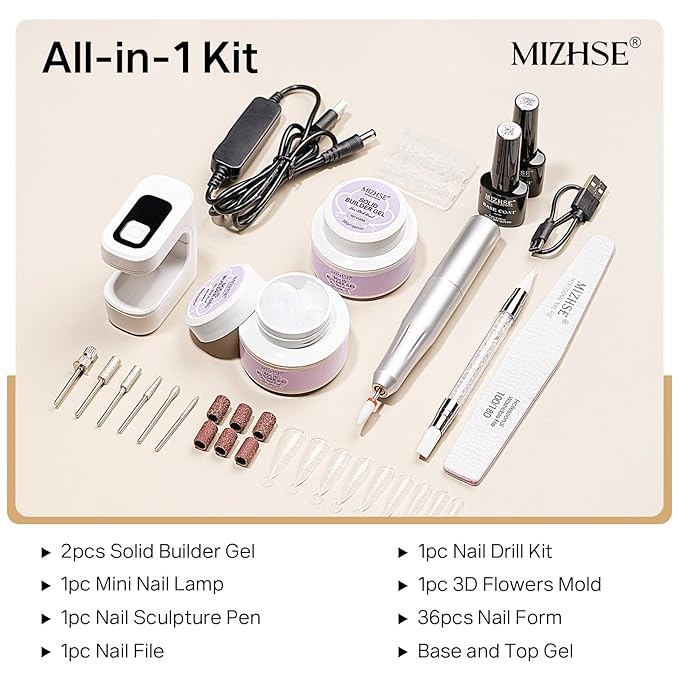 MIZHSE Solid Builder Nail Gel Kit with Nail Drill, Clear White 3D Sculpting Gel for NailS Art with U V Lamp Brush for Nails Extension Home Salon DIY Manicure