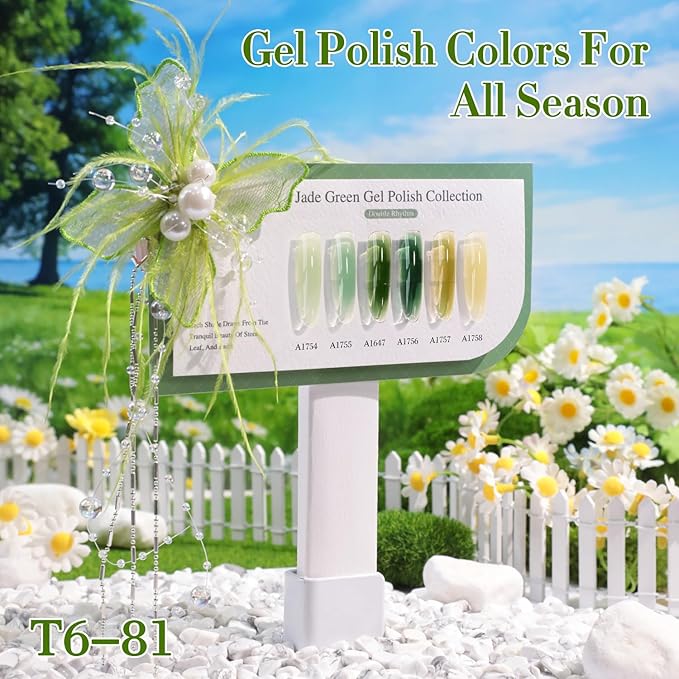 Double Rhythm 6 Pcs 15 ML Gel Polish Set Same Color Same Bottle Soak Off Gel Polish Kit Nail Art Manicure Salon DIY at Home for Women (Jelly Milky Light Green Olive Teal-T6-81)