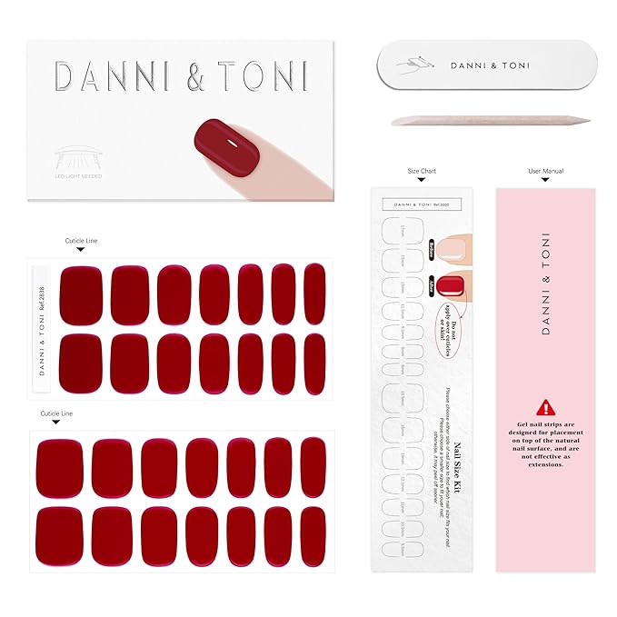 DANNI & TONI Semi Cured Gel Nail Strips Bordeaux Red Gel Nail Wraps Burgundy 28 Stickers |Ruby Rush