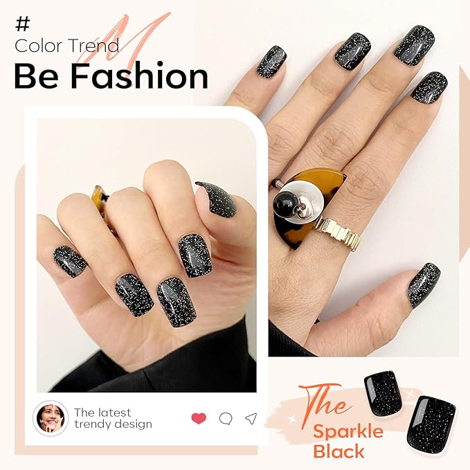 Modelones 32Pcs Sparkle Black Press on Nails, Glitter Short Square Fake Nails, Reusable Nail Kit with Nail Glue Adhesive Tabs Mini Nail File, Nails Press Ons 16 Sizes, Women Girl Gift