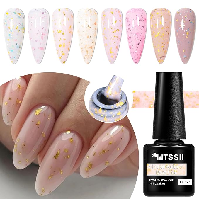 MTSSII Rubber Base Gel Nail Polish Kit with Golden Sequins For Nails, Glitter Sequins Gel Nail Polish Set, Soak Off UV Cured Nail Nail Art Design at Home