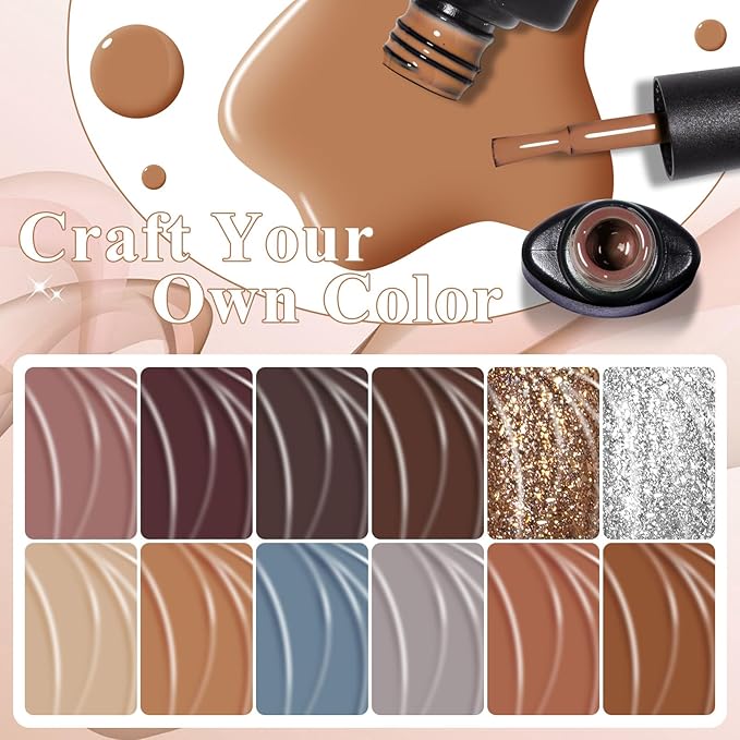 MTSSII Gel Nail Polish Set 12 Colors Nude Brown Skin Tones Neutral Gel Polish Dark Tan Taupe Khaki Gold Silver Nail Polish Fall Winter Soak Off French Nail Art Manicure DIY Home Salon Gift