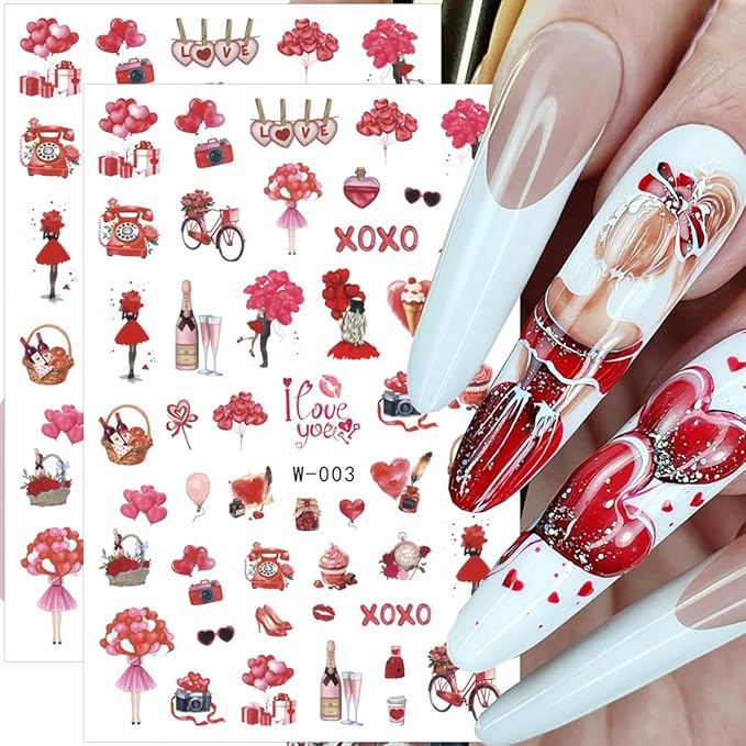 6 Sheets Valentines Day Nail Art Stickers 3D Self-Adhesive Heart Nail Stickers Romantic Cupid Angel Dwarfs Bear Lovers Designs Red Pink Nails Art Supplies Valentines Nail Decals for Women DIY