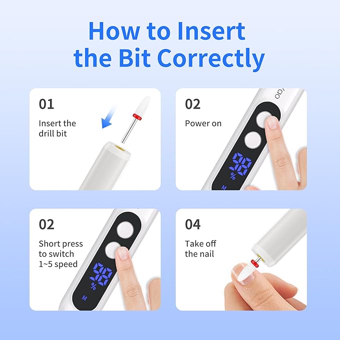 Electric Nail Drill Professional Electric Nail File Kit 11 in 1 Rechargeable Manicure Pedicure Tools Cordless Nail Drill with 3 Speeds Modes and LED Lighting for Acrylic Gel Dip Powder Nails(White)