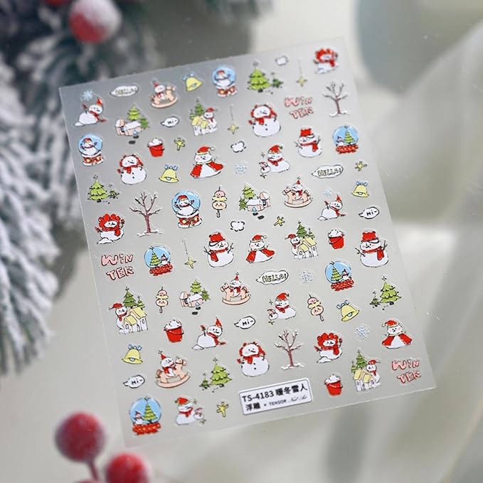 Christmas Nail Stickers Red Snowman Nail Art Stickers 5D Embossed Christmas Tree Nail Decals Winter Snowflake Nail Art Supplies 3D Self Adhesive Xmas Holiday Nail Design for Women Girls 1 Sheets