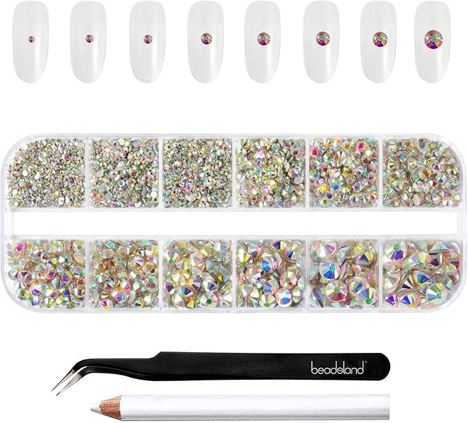 Beadsland Rhinestones for Makeup,8 Sizes 2500pcs Crystal AB Flatback Rhinestones Eye Gems for Nails Crafts with Tweezers and Wax Pencil,Crystal AB,SS4-SS30