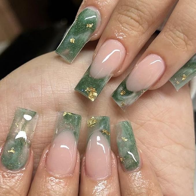 Hkanlre Medium Green Press on Nails French Fake Nails Tips Full Cover Square False Marble Nails for Women and Girls 24PCS