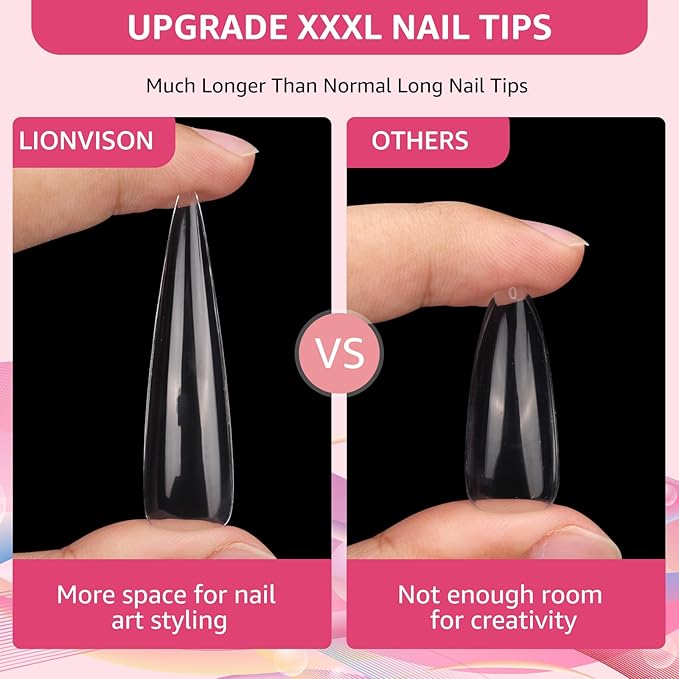 504PCS 3XL Stiletto Nail Tips, Full Cover Clear Nail Tips for Acrylic Nails Professional, 12 Sizes Tapered Square Acrylic Press On Nail Tips for Nail Salons Home DIY