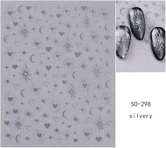 Gold Nail Stickers 5D Embossed Black White Star Nail Decals 3D Self Adhesive Moon Sun Nail Art Stickers Hearts Nails Designs Celestial Nails Supplies for Women DIY Manicure 6 Sheets