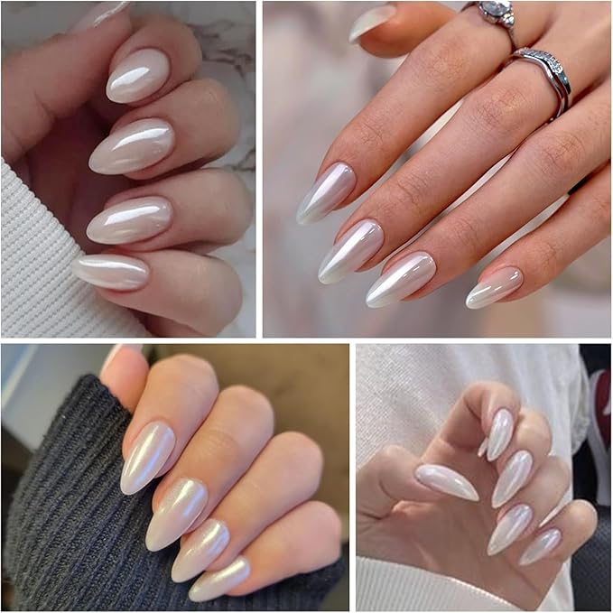 Pearl Chrome Nail Powder BISHENGYF -【Fairy Effect】Pink Chrome Nail Powder White Pearlesent Aurora Mermaid Iridescent Nail Chrome Powder, Metallic Mirror Glitter Pigment Dust For Nail Art DIY 2PCS