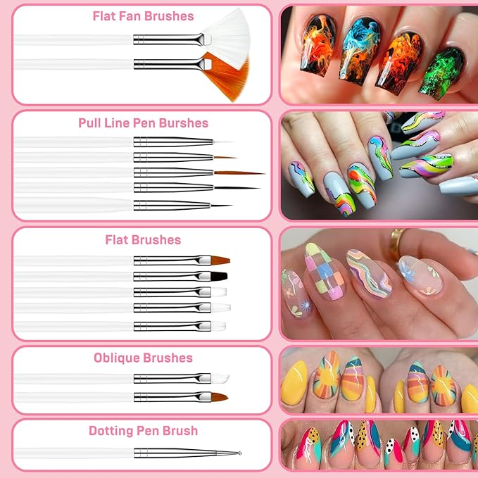 15pcs White Nail Art Brushes Set Nail Pen Designer Acrylic Nail Art Gel Painting Brushes Tool Dust Brush,Striping Brushes Dotting Tools for Long Lines Fan Brush Gel Polish Nail Art Supplies