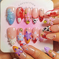 Handmade Acrylic Press On Nails Almond, 3D Press On Nails Medium, Flower 3D Red Nails French Tip Preal Shell Leopard For Women Gift, Reusable Stick On Fake Nails Kit With Nail Glue(Lush Garden-S)