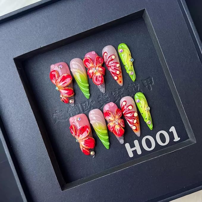100% Handmade Press on Nails Long Stiletto Fake Nails Red 5D Flower Glue on Nails Ombre Green False Nails with Rhinestones Water Ripple Handmade Nail for Women Girls Daily Wear Manicure 10pcs Size L