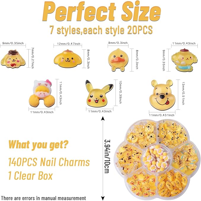 140 Pcs Kawaii 3D Flatback Cartoon Yellow Series Charms for Nail Acrylic Slime Resin DIY Nail Art Decorations, Hair Clips and Phone Cases