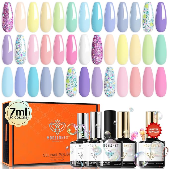 Modelones 24Pcs Gel Nail Polish Set, 20 Colors Pastel Gel Polish Set Macaron Colors with Glitter & Glossy & Matte Top + Base Coat Soak Off LED Nail Art Kit Salon at Home