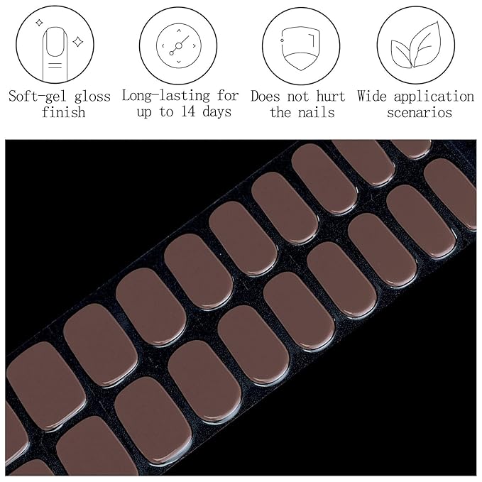 20Pcs Semi Cured Gel Nail Strips Brown Gel Nail Stickers UV/LED Light Needed Full Polish Nails Wraps Gloss Nails Polish Strips for Women Includes Prep Pads, File, Wooden Cuticle Stick