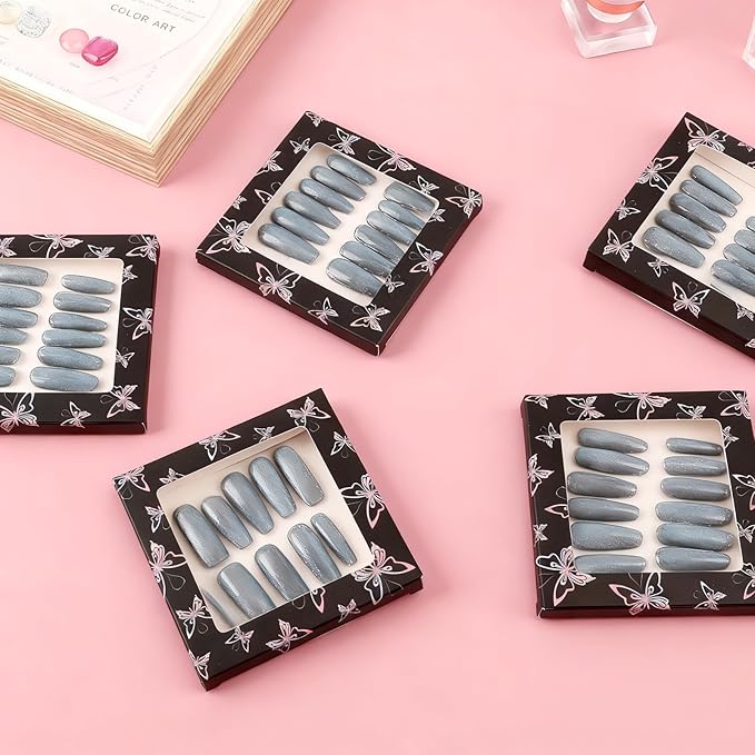 ANGNYA 72PCS Empty Press On Nail Packaging Box Contains 35PCS Butterfly Press On Nail Boxes, 35PCS White Display Cards, 2PCS Double Sided Tapes, Nail Tip Storage Case for Press-on Nail Business