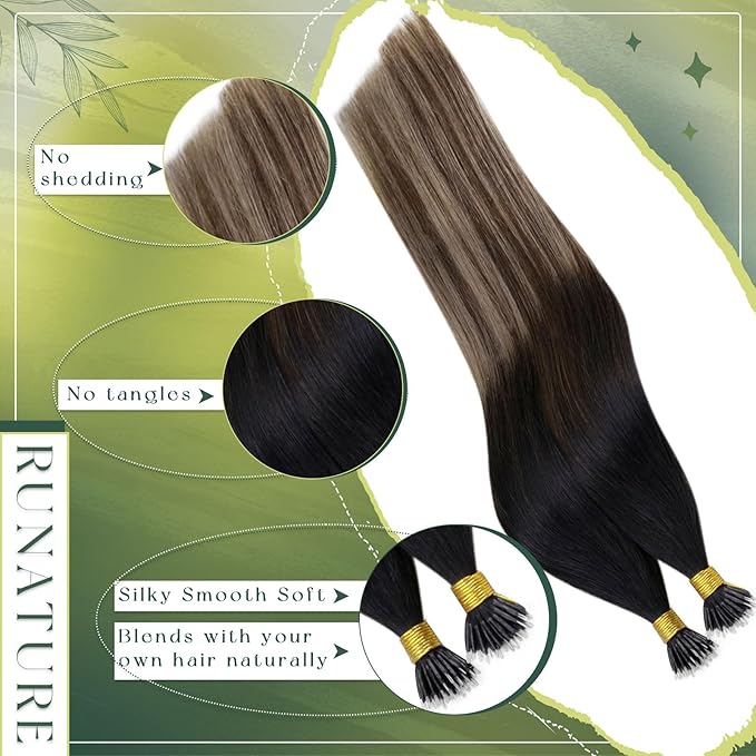 RUNATURE Nano Beads Hair Extensions Real Human Hair Brown Ombre Blonde Fusion Nano Ring Hair Extension 20 Inch 50g