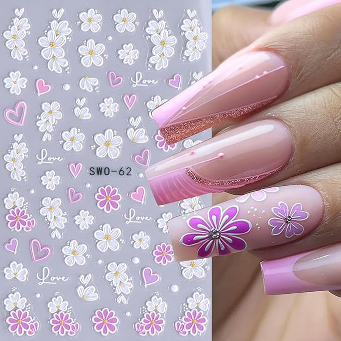 4 Sheets Flower Nail Stickers for Nail Art Embossed Floral Butterfly Nail Decals 5D Self-Adhesive Heart Butterfly Nail Design Decals Pink White Flowers Nail Art Stickers for Women Girls Nail Decor