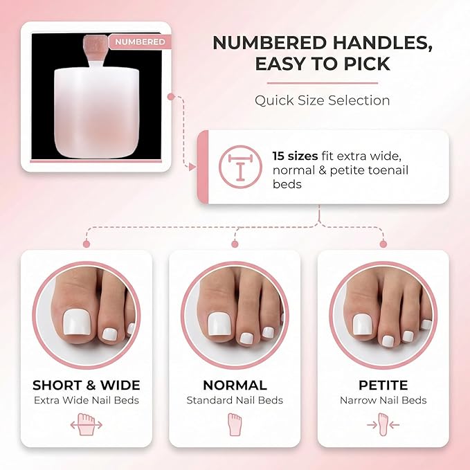 Sheer Blush French Tip Toe Nail Press Ons, 150PCS Square Full Cover Soft Gel Toe Nail Tips, 15 Sizes for Wide Toenail Beds, Pre-Shaped for DIY French Pedicure & Salon