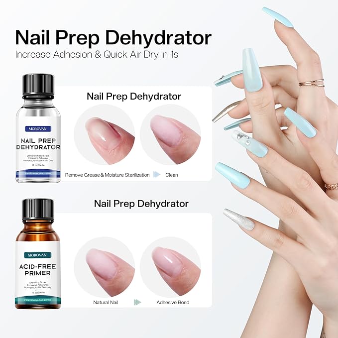 Morovan Nail Primer And Natural Nail Prep Dehydrate Set, Fast Air Dry For Gel Polish & Acrylic Powder, Gel Primer and Dehydrator 30ml / 1oz