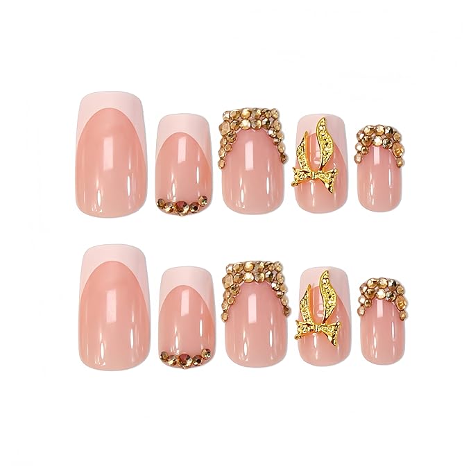 24Pcs White French Tip Press on Nails Short Square Gold Bow Fake Nails with Rhinestones Designs Full Cover Artificial Acrylic Nude Diamond Stick on Nails Reusable Glue on Nails for Women Manicure