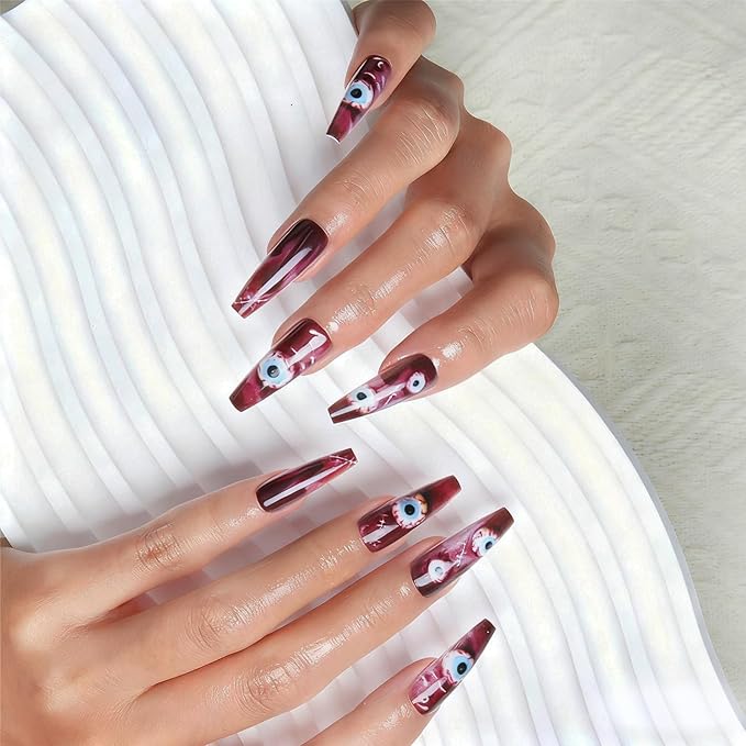 24pcs Halloween Red Eyes Long Square Press On Nails for Terrifying Costumes, Reusable Nail Kit with Adhesive Tabs, 12 Sizes (Red Eye)