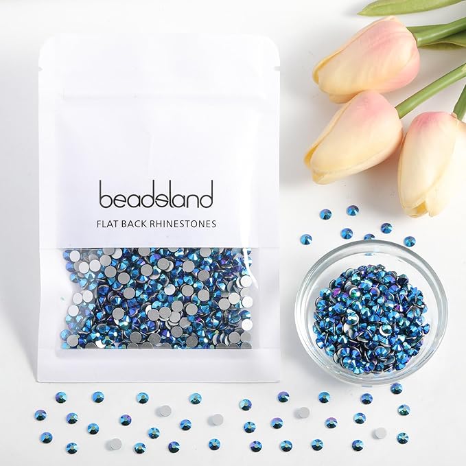 Beadsland 1440pcs Flat Back Crystal Rhinestones Round Gems for Nail Art and Craft Glue Fix, Emerald AB, SS6, 1.9-2.1mm