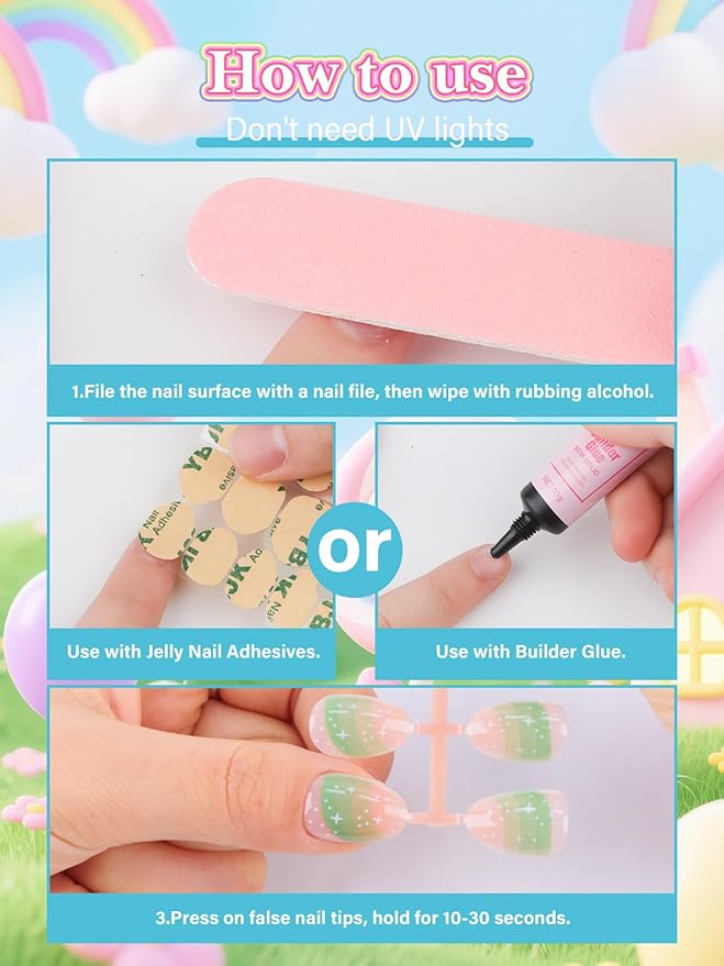 EBANKU 1 Pack Kid Fake Nail Kit, 26 Pieces Press on Nails for Kids Garish Press on Nail Short Artificial False Nail Kits for Girls with Nail Glue