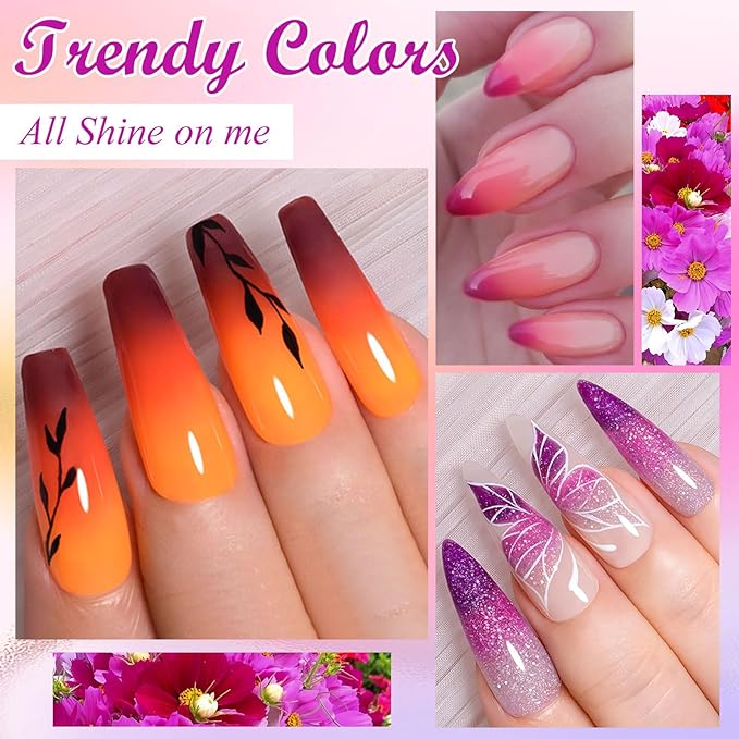 MEET ACROSS 12Pcs Color Changing Gel Nail Polish Set Purple Brown Glitter Temperature Mood Changed Nail Polish Gel DIY Salon Gift for Women