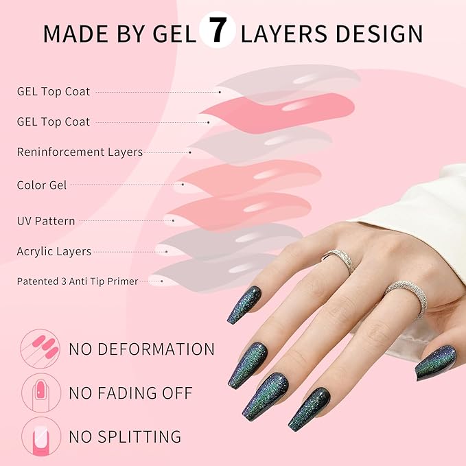 Cat Eyes Press On Nails,12 Sizes - 24 Pcs Soft Gel Dark Green Medium Coffin Fake Nails Kit with Nail Glue, Natural Reusable Stick On False Nails for Women and Girls (Skycloud Dark Green Nails) SK0821