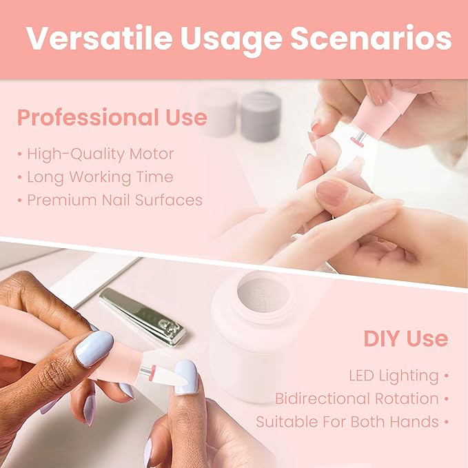 Cordless Electric Nail Drill Kit, Portable Rechargeable Nail Drill Set, Battery Electric Nail File, 5 Speeds Modes, LED Lighting, Reversible Direction, DIY, Professional (Pink)