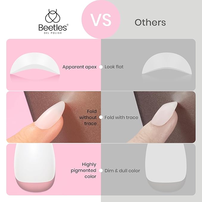 Beetles Press On Nails Short Almond - 4 in 1 Matte Milky White Soft Gel Nail Tips 224PCS Pre-Applied Tip Primer Nails Press ons 16 Sizes Glue on Nails-Perfect for Girls&Women