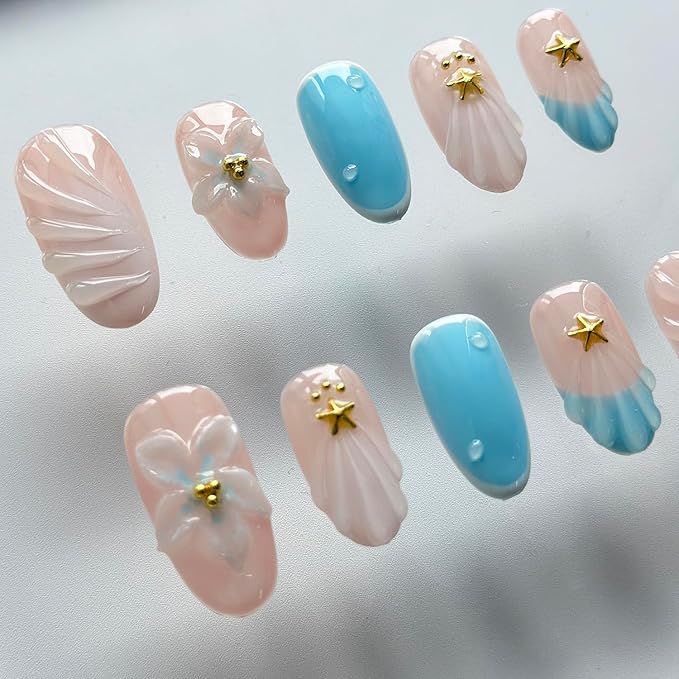 Luxury Press on Nails Short Almond Handmade 3D Unique Reusable ABS Material Fake Nails Summer French Tip False Nails with Designs Flower Shell Blue Glossy Glue on Nails Thick Acrylic Nails(M)