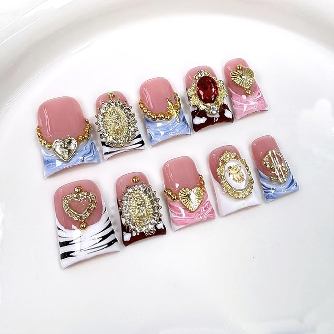 10 Pcs Handmade Acrylic Press on Nails Short Duck Fake Nails with Design 3D Gold Metal Rhinestone Heart Charm Glue on False Nails French Tip Pink Artificial Handmade Nails for Women - Size M