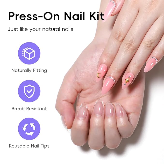 PEACECOLOR Gel Nail Kit, 240Pcs Short Medium Almond Nail Tips with U V Light 2PC Jelly Gel Polish Nail Glue Top Coat Stickers Rhinestones Easy Extension Set DIY Salon Gifts for Women