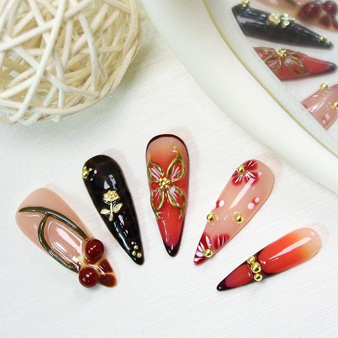 Handmade Press on Nails Medium Almond Fake Nail Unique 3D Floral & Cherry Designs Gold Rose Red Gradient Reusable Flower Stick on Nail Thicked French Tip Acrylic False Nails for Women (S)