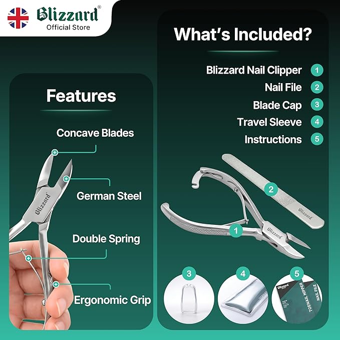 Nail Clippers for Men with Thick or Ingrown Toenails – Blizzard Podiatrist Toenail Clipper Set German Forged – 5.5 inch Heavy Duty Nail Cutter – Concave Head Chequered Handles - Hospital Grade
