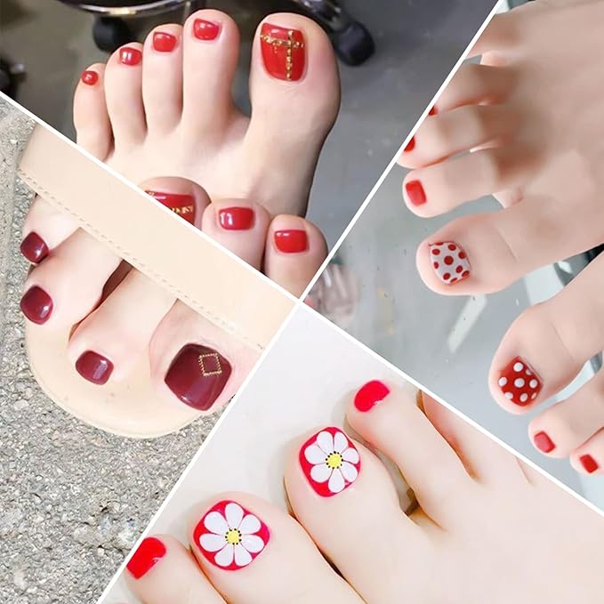 JERCLITY 440 Pieces 20 Sheets Red Solid Color Toenail Full Wraps Toe Nail Polish Strips Self-Adhesive Full Nail Stickers Red Nail Art Decals Strips with Nail File for Women Girls Kids Nail Art