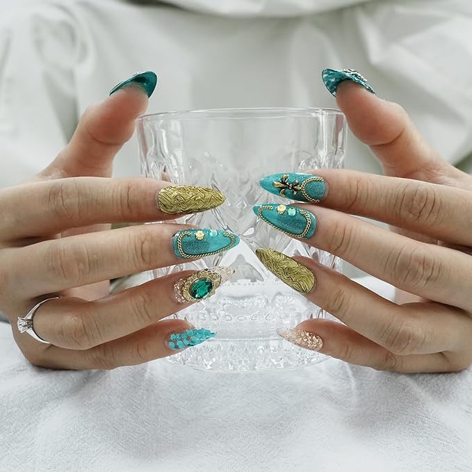 Luxury Vintage Press on Nails Medium Almond, Handmade 3D Gemstone & Glitter Design Green Gold Acrylic Nails, Reusable False Nails (Exotic Flair,L)