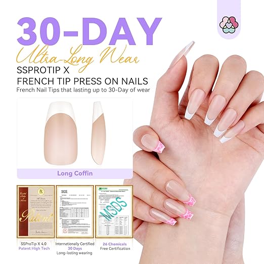 SAVILAND French Tip Press On Nails: Long Coffin Thicker & Sturdy Acrylic Press On Nails 150 PCS Long-lasting Nude French Tip Nails Natural Look Fake Nails Soft Gel Nail Tips DIY Fast Home Manicure