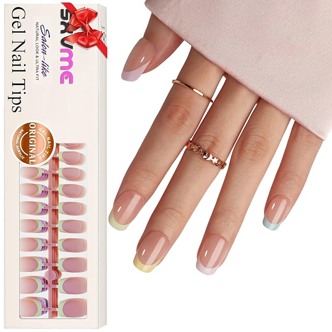 Gel French Tip Nails Medium Square French Tip Press on Nails SXVME White French Nail Tips 150Pcs Pre-applied Tip Primer Natural Skin Tones Fake Nails Extensions Gel Nail Kit for Women Girls DIY
