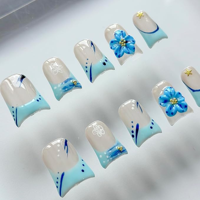 Luxury Press on Nails Short Duck Handmade 3D Unique Reusable ABS Material Fake Nails Blue French Tip False Nails with Designs Rhinestones Starfish Summer Glossy Glue on Nail Thick Acrylic Nail(M)