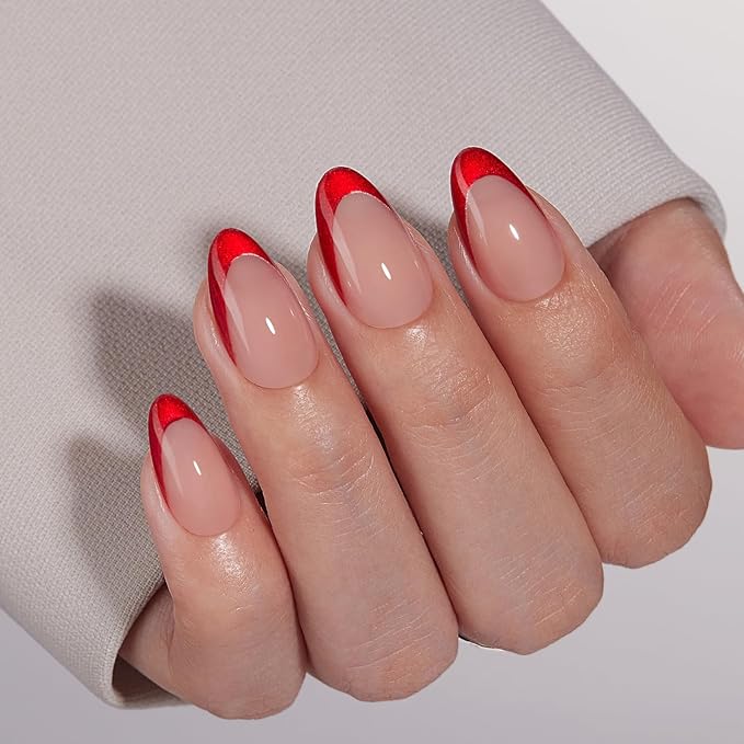VSALON Press On Nails Short Almond, Red French Tip Fake Nails With UV Glue, Reusable Stick On Nails, Soft Gel Glue On Nails, New Year Valentine Gift in 16 Sizes 32 Pcs Kit