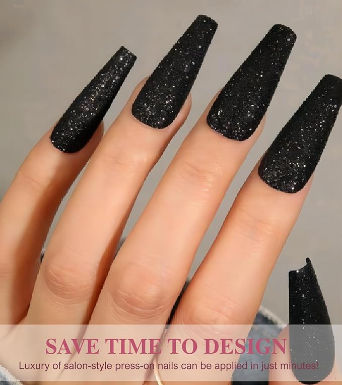 Black Press On Nails Coffin - Long With Glue Stickers, Glitter Stick On for Women, Light Weight in 12 Sizes, 24pcs Fake Nail Kit
